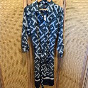 Tommy Hilfiger Geometric Long Sleeve Dress in Blue and Gray
